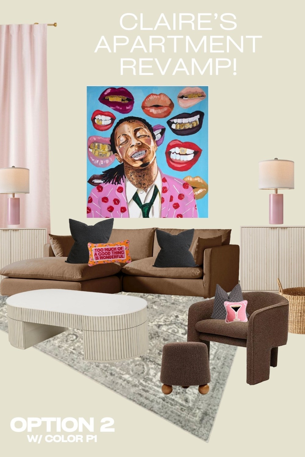 Created a new home design for my sisters apartment. I wanted to help make her apartment feel modern but still have a traditional feeling. I also used some of her favorite colors: pink, brown, and grey, as well as including her favorite rapper, Lil Wayne, with an Ashley Longshore painting. 

I make these designs and use them mainly as a guideline to find the right piece of furniture at an affordable price. 

I will definitely be helping paint a similar painting so she can have something cute and affordable. 

#LTKFindsUnder100 #LTKStyleTip #LTKHome