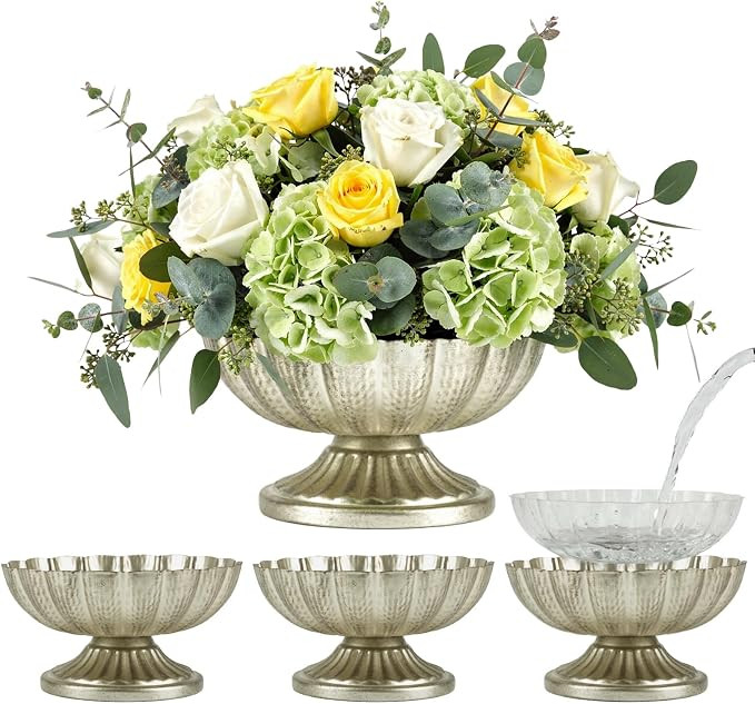Distressed Silver Flower Vases for Centerpieces, 7'' Wide 3.94'' High Silver Compote Vases for We... | Amazon (US)
