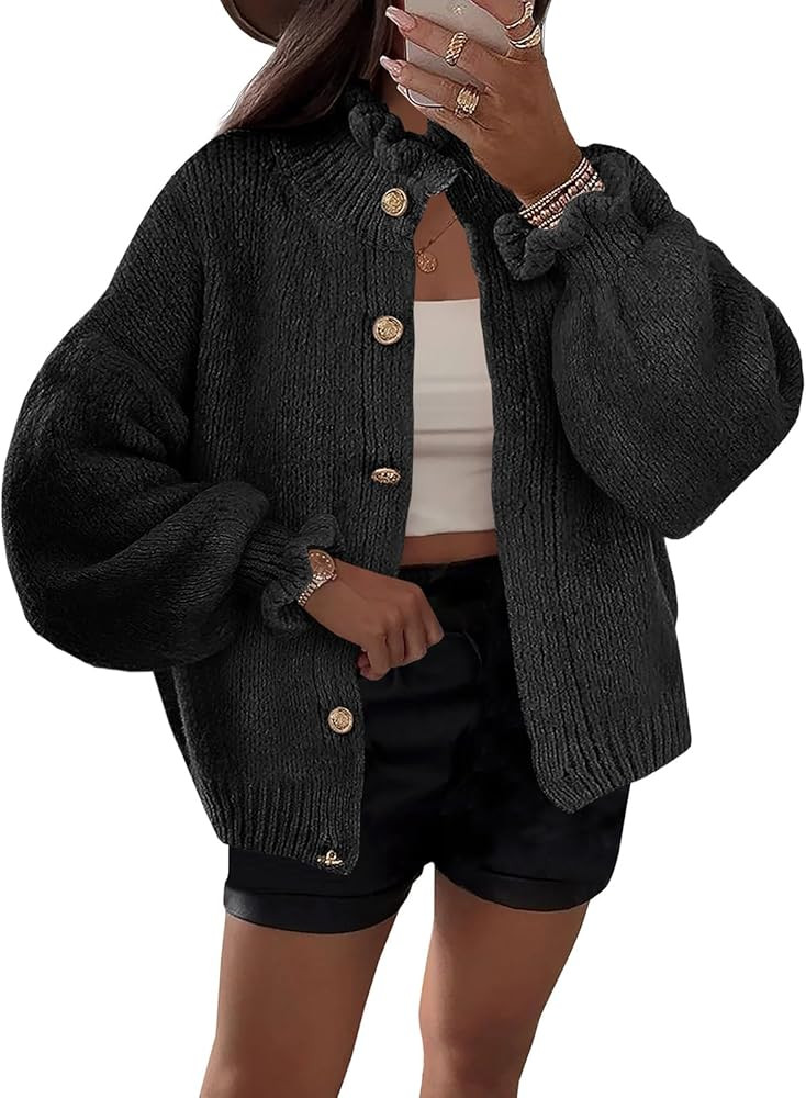 Saodimallsu Womens Ruffle Cardigan Oversized Button Up Fall Trendy Ribbed Knit Open Front Long Sl... | Amazon (US)