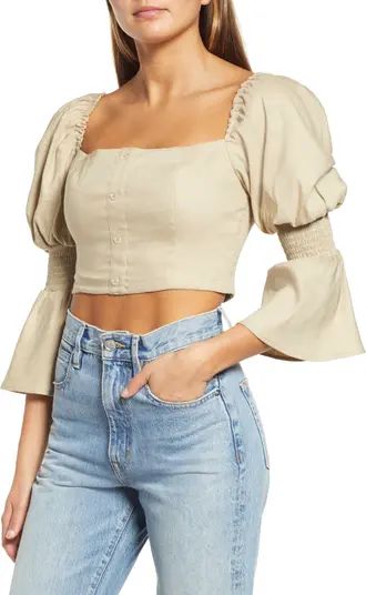 WAYF With Love Juliet Sleeve Linen Blend Blouse | Nordstrom | Nordstrom