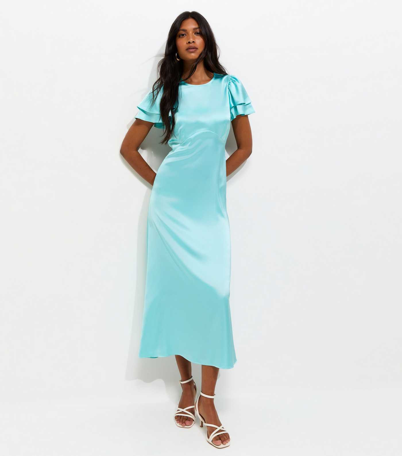 Light Blue Satin Flutter Sleeve Midi Dress | New Look | New Look (UK)