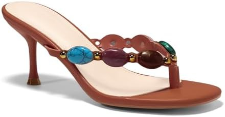Coutgo Womens Jeweled Heeled Sandals Kitten Heel Starppy Flip Flop Backless Open Toe Slides Boho ... | Amazon (US)
