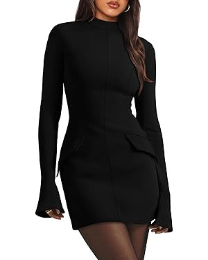 OFEEFAN Women's Fall Long Sleeve Mock Neck Dress Basic Party Club Bodycon Mini Dresses | Amazon (US)