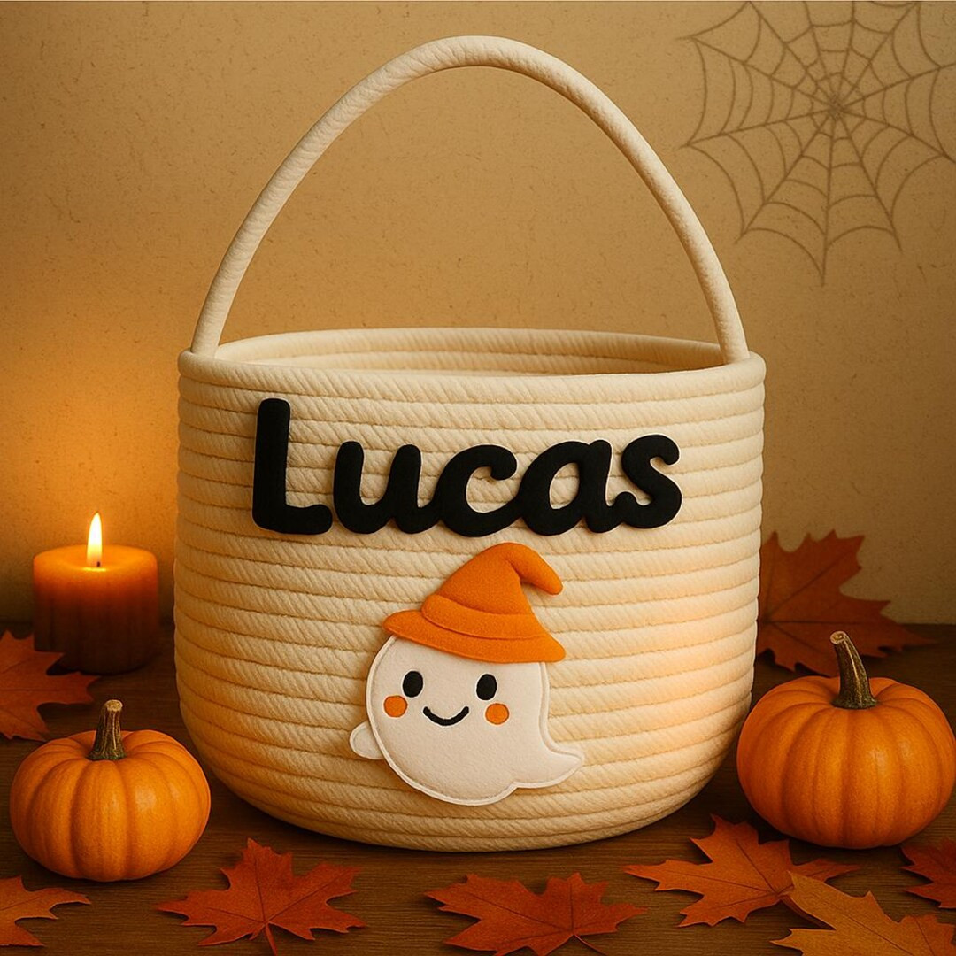 Personalized Halloween Basket for Kids, Custom Name Rope Trick or Treat Bag, Ghost Candy Bucket W... | Etsy (US)
