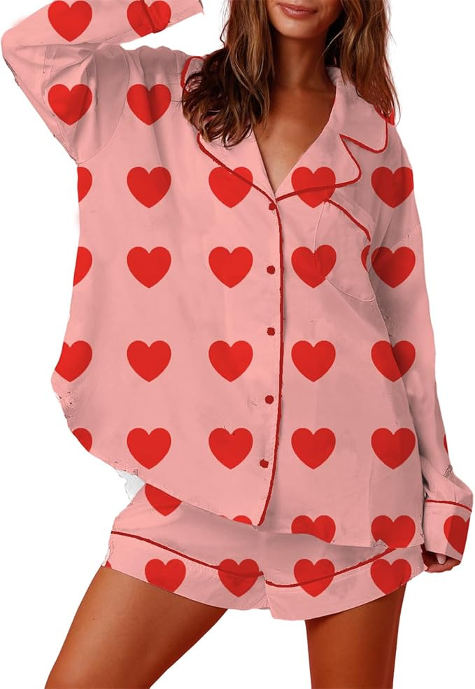 Thopavenoir Women's Valentine's Day Pajamas Satin Silk Pjs Cute 2 Piece Long Sleeve Button Down S... | Amazon (US)