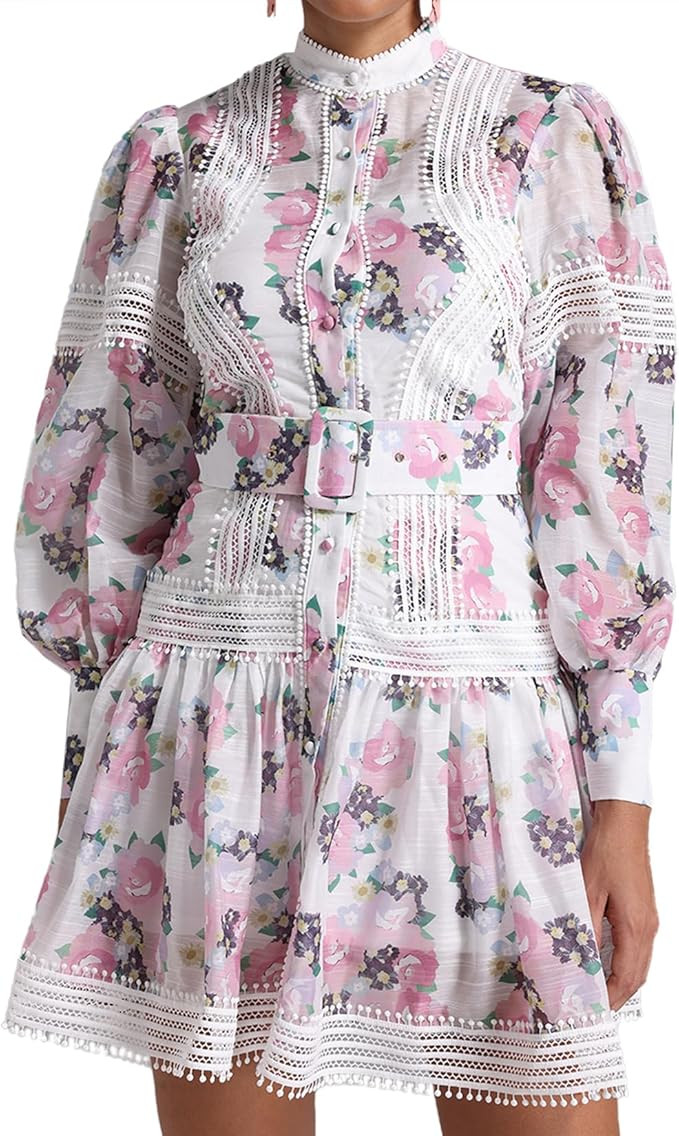 Floral Dress for Women Chiffon Dress Puff Sleeve Lace Dress Mock Neck Midi Dress | Amazon (US)