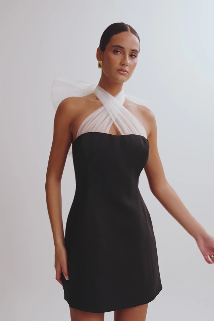 Maryam Tulle Bow Mini Dress - Black | MESHKI US