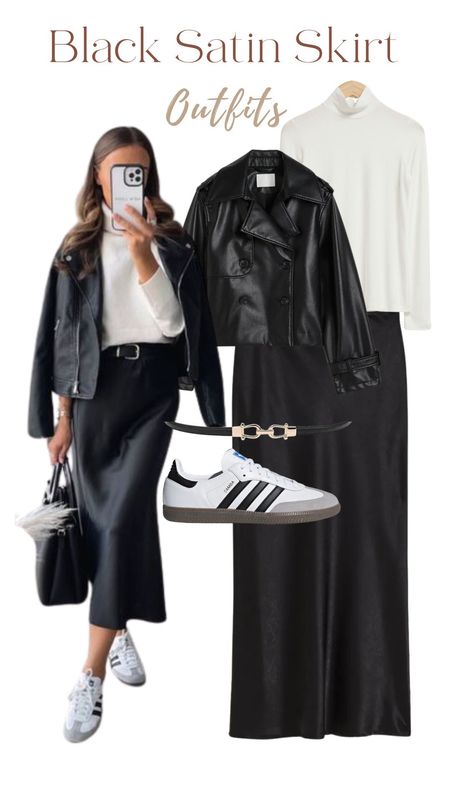 Trench coat, white turtleneck, black satin skirt, belt, Adidas sambas, spring outfit, spring fashion 

#LTKfindsunder50 #LTKstyletip #LTKworkwear