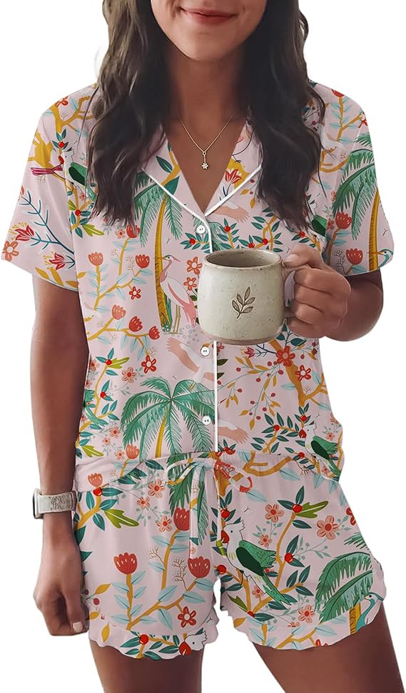 Ekouaer Womens Pajama Sets Button Down Short Sleeve Top and Shorts Cute Pjs Sets Sleepwear | Amazon (US)