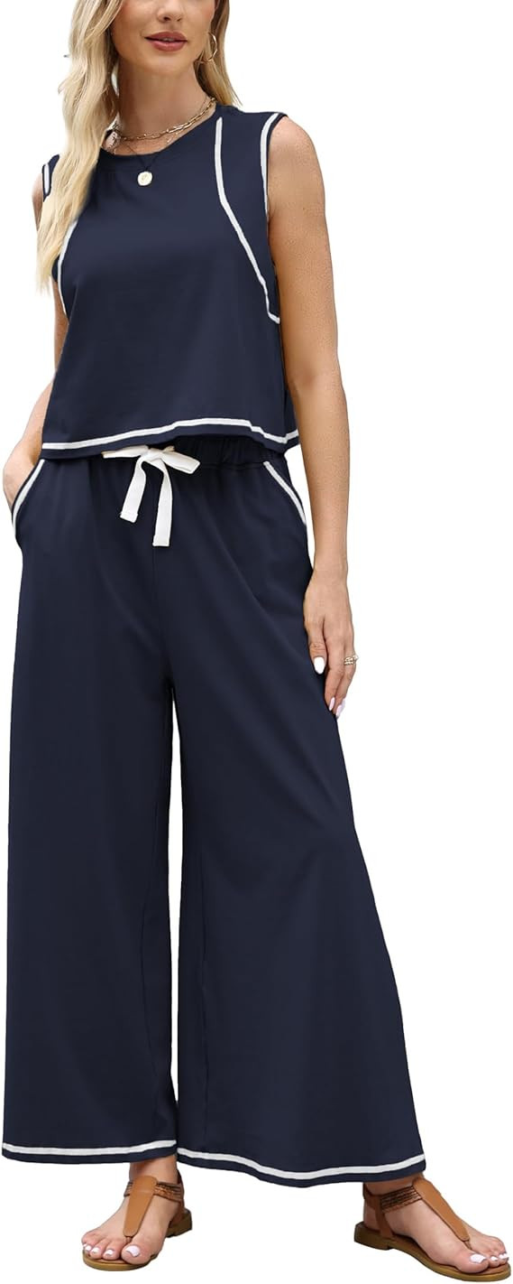 Ynhonra Women\u2019s 2 Piece Lounge Set Sleeveless Tank Top & Wide Leg Pants Contrast Trim Relaxe... | Amazon (US)