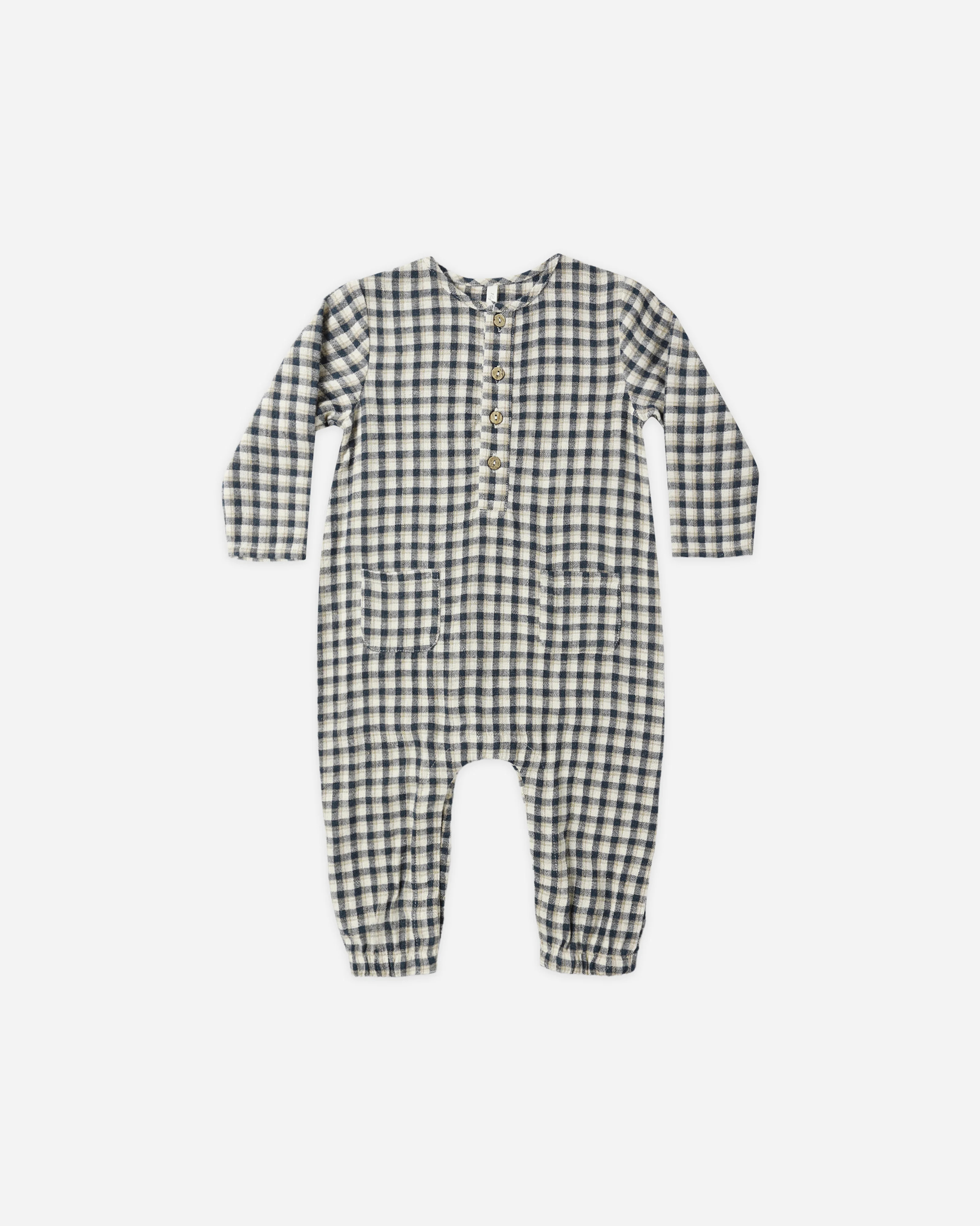 Long Sleeve Woven Jumpsuit Navy Check | Rylee + Cru
