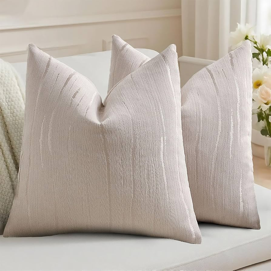 HAUSSY Beige Throw Pillow Covers 18x18 Inch Set of 2, Boho Embossed Striped Textured Decorative P... | Amazon (US)