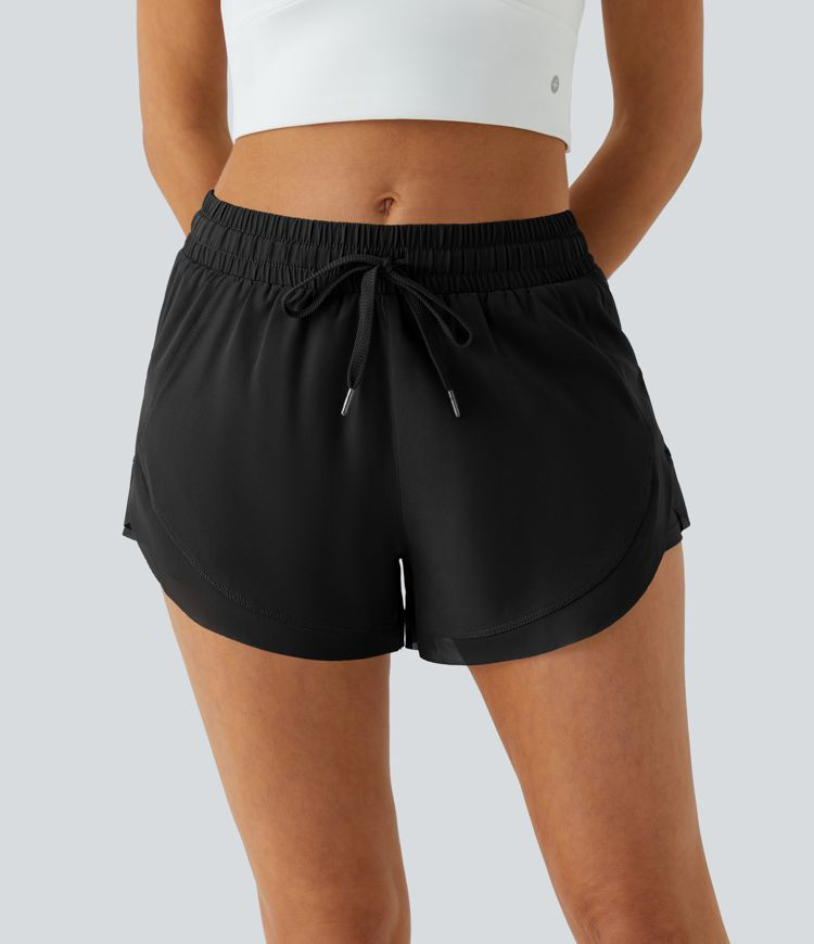 Women’s Mid Rise Drawstring Contrast Mesh 2-in-1 Flowy Running Shorts 3'' - Halara | HALARA
