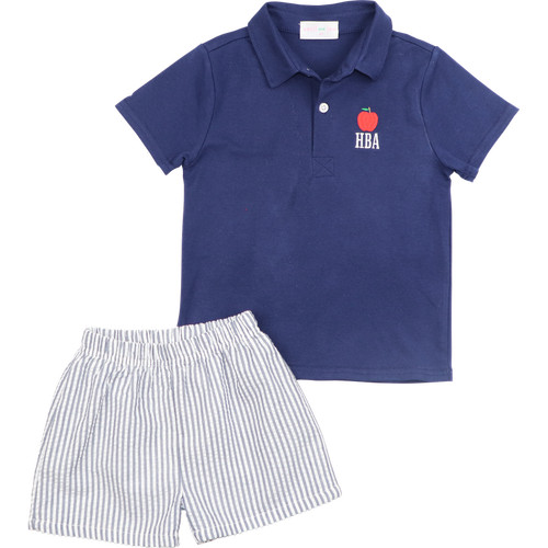 Navy Seersucker Apple Polo Short Set | Cecil and Lou