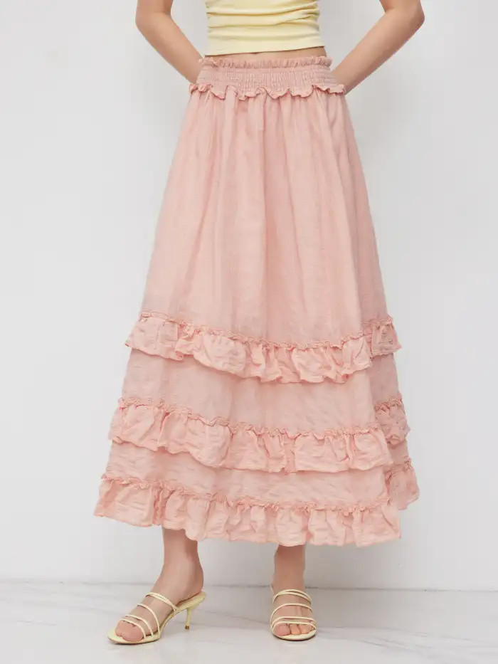 Woven Cotton-blend Mid Rise Ruffle Lettuce Trim Maxi Skirt For Vacation | Cider