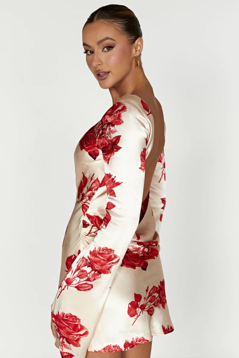 Davina Satin Long Sleeve Mini Dress - Rose Print | MESHKI US