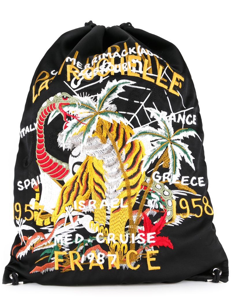 Doublet tiger embroidered drawstring backpack, Black, Rayon | FarFetch US
