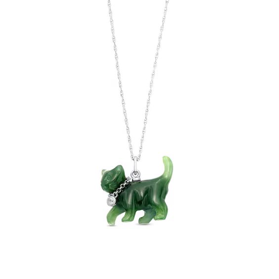 Jade and White Lab-Created Sapphire Bezel-Set Chain Collar Cat Pendant in Sterling Silver|Zales | Zales