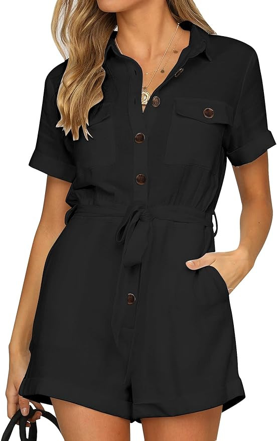 GRAPENT Women's Summer Short Sleeve Button Down Pockets Belted Jumpsuits Rompers | Amazon (US)