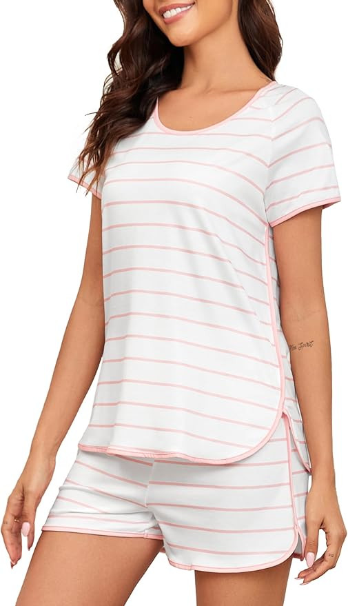 Stripe Pajamas Set Women Two-Piece Nightwear Short Sleeve Sleepwear Soft Side Split Loungewear Pj... | Amazon (US)