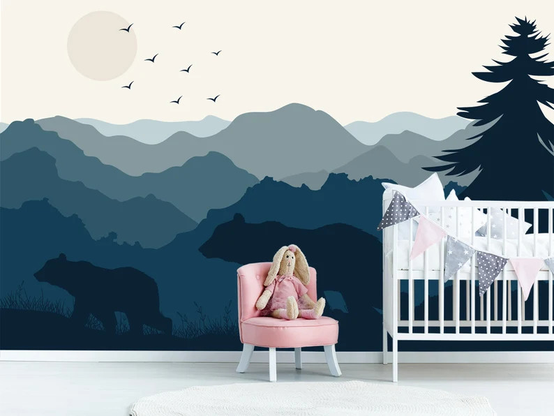 Woodland Wallpaper Boys Room. Blue Ombre Mountains Wall Mural. Bear Family Wallpaper Toddler Room... | Etsy (US)