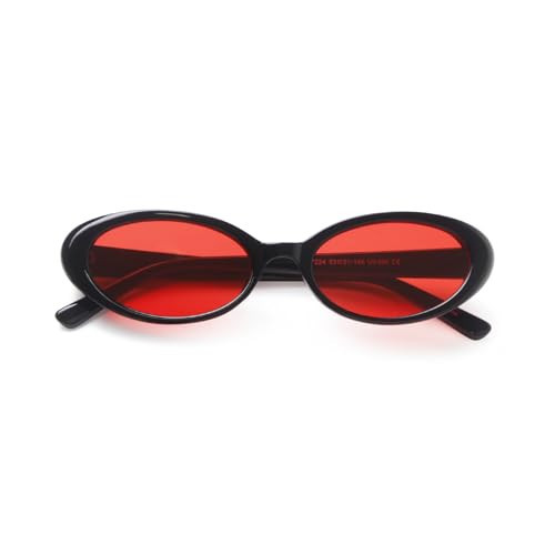 Laurinny 90s Retro Small Oval Sunglasses, Red Lenses Glasses for Costume Cosplay Raves Party, Black Frame Red Tinted Lens | Amazon (US)