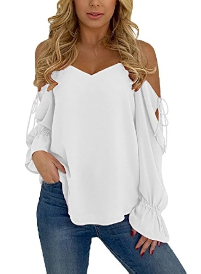 Sidefeel Women Cold Shoulder Blouse Long Ruffle Sleeve | Amazon (US)