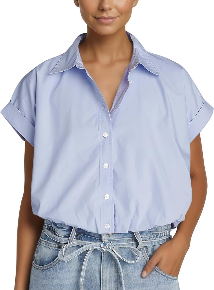 MISSACTIVER Women's Cropped Bubble Shirt Lapel Collar Button Down Boxy Shirt Summer Casual Cap Sl... | Amazon (US)