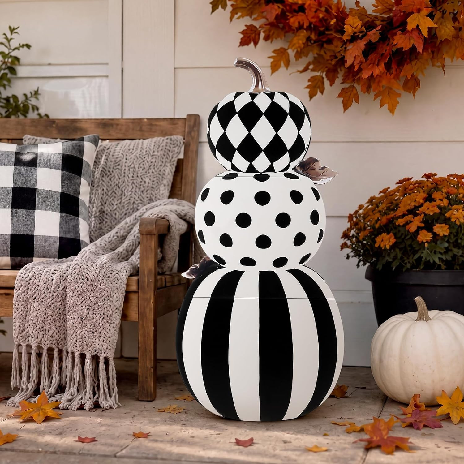 35" Black White Stacked Pumpkin Porch Decor Wood Fall Pumpkin Sign | Amazon (US)