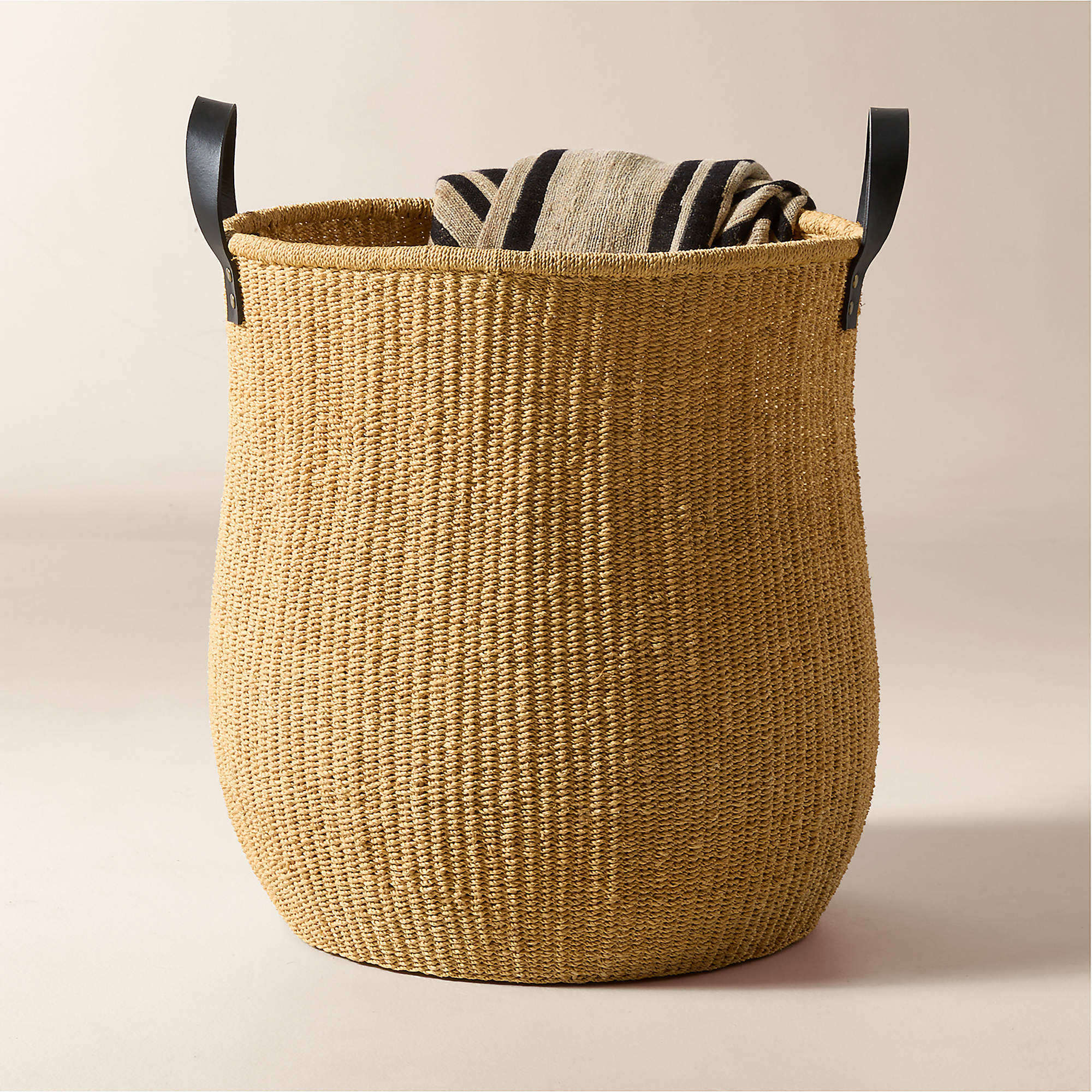 Penelope Handwoven Round Storage Basket with Black Leather Handles + Reviews | CB2 | CB2