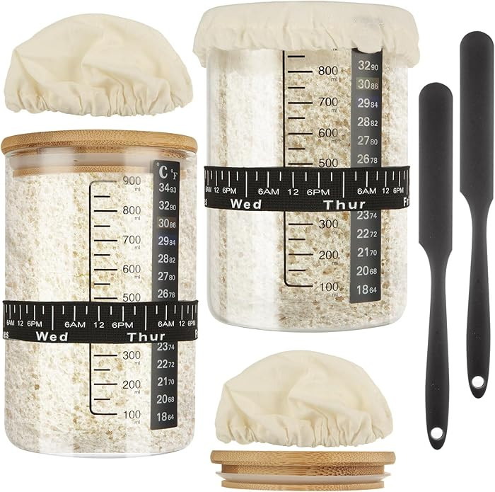 2 Pack Sourdough Starter Jar Kit 32oz Glass Bread Starter Jar with Date Marked Feeding Band, Ther... | Amazon (US)
