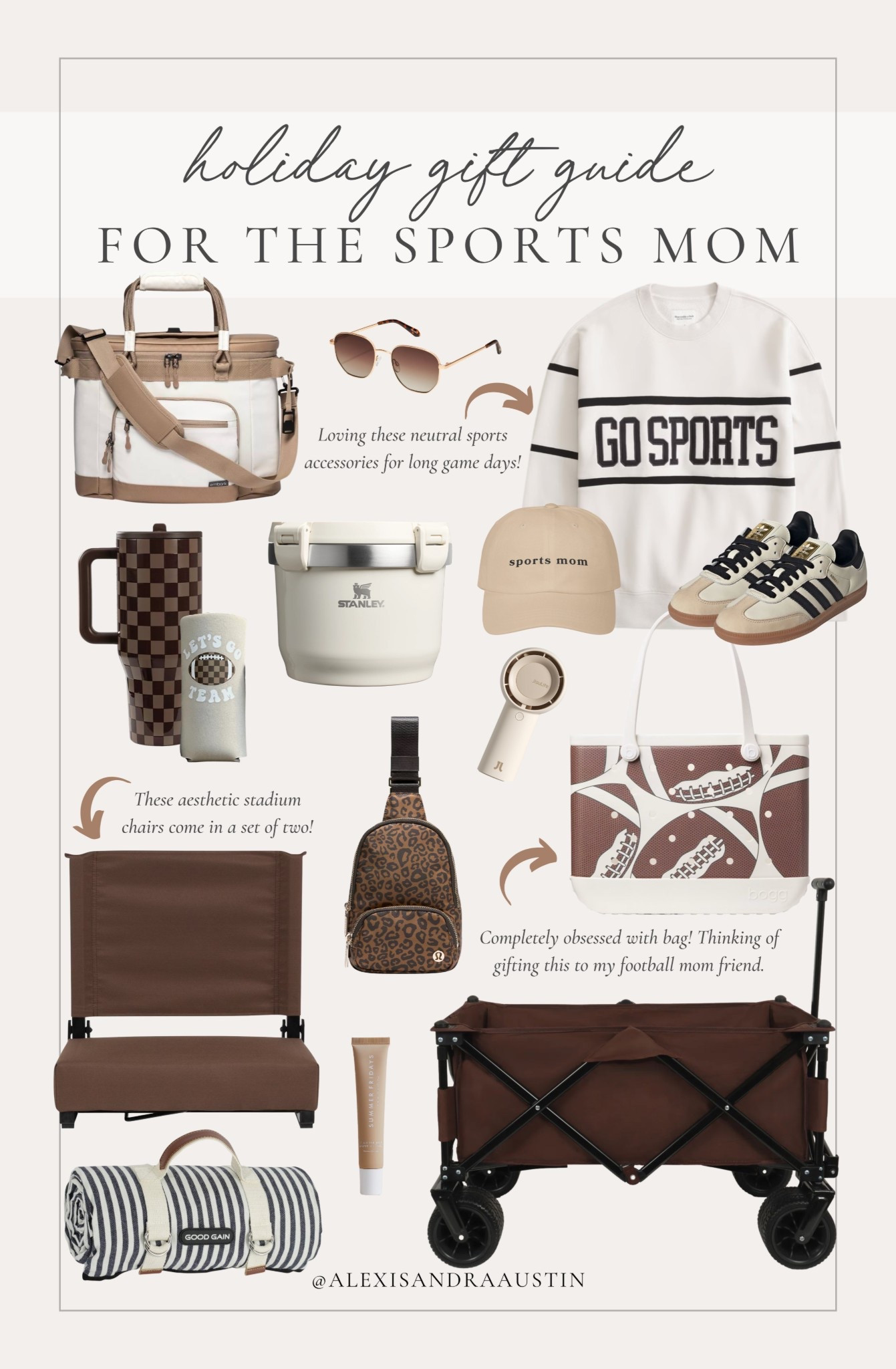 Holiday gift guide for the sports mom! Loving these trendy finds perfect for those long field or court days.

Holiday gift guide, sports mom gift guide, trendy mom gifts, cozy sweater, trendy sneakers, neutral cooler, sunglasses, belt bag, Bogg bag, neutral sports hat, tumbler, can koozie, Stanley, found it on Amazon, Lululemon, Abercrombie, Target style, Adidas, Etsy, Hydrojug, shop the look!#LTKStyleTip 

#LTKHoliday #LTKGiftGuide