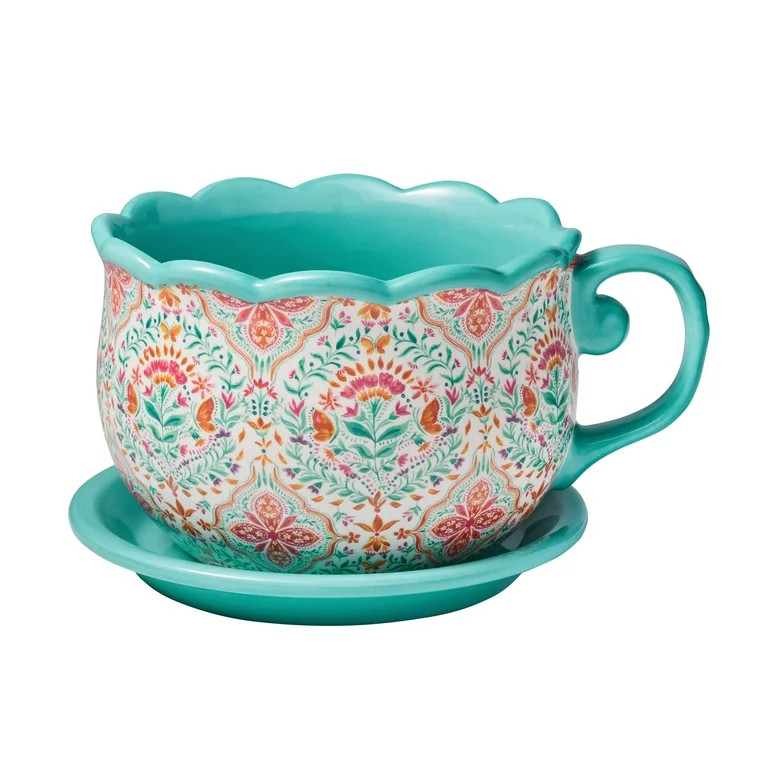 The Pioneer Woman Folk Geo 8-Inch Tea Cup Ceramic Planter, Teal | Walmart (US)