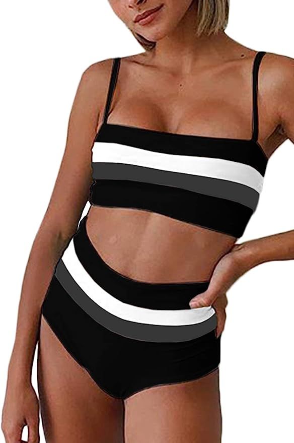 Almaree Women's Striped Colorblock High Waist Bikini Sets Two Piece Swimsuits | Amazon (US)