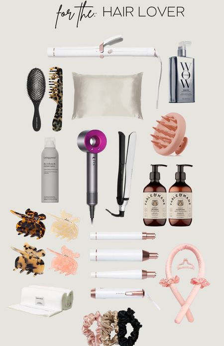 Gift guide for the hair lover, hair addict, silk pillow case, dyson hair dryer, shampoo and conditioner, butterfly claw clip, t3 micro curling iron, curling wand, crown affair comb and hair brush

#LTKHoliday #LTKGiftGuide