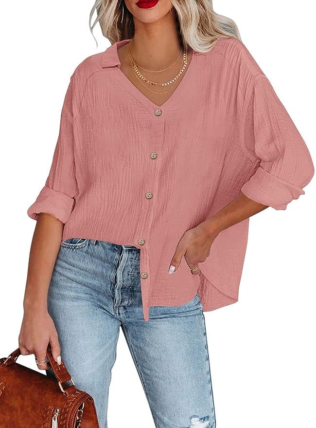PINKMARCO Linen Cotton Shirts for Women Button Down V Neck Collar Fall Fashion Casual Business Bl... | Amazon (US)