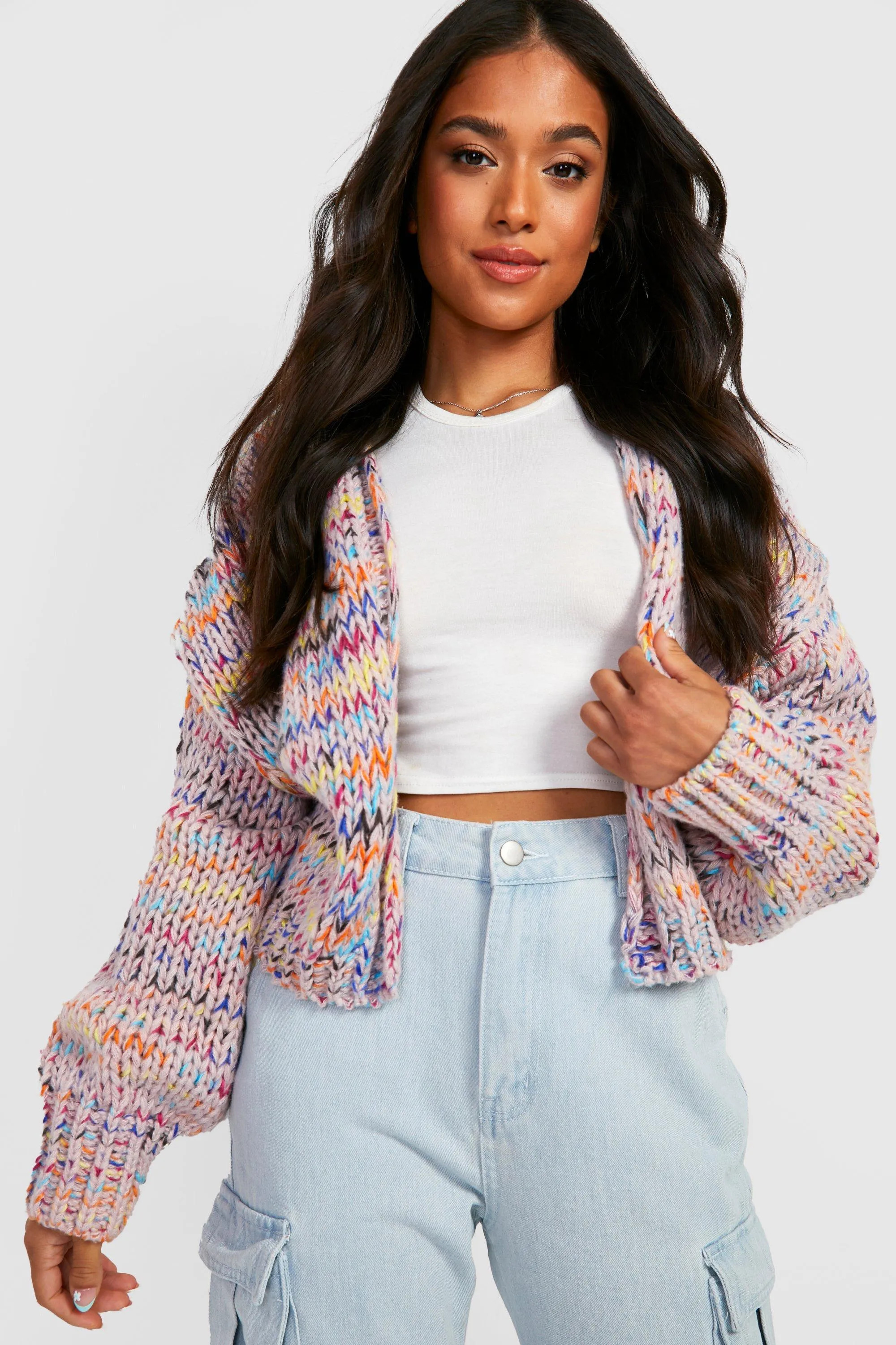 Petite Premium Chunky Multicoloured Cardigan | Boohoo.com (UK & IE)
