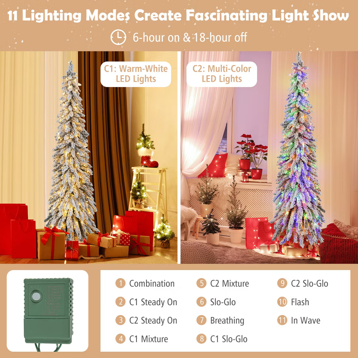Tangkula 4/5/6FT Pre-lit Artificial Christmas Tree Snow-flocked Xmas Pencil Tree with 225/334/407... | Target