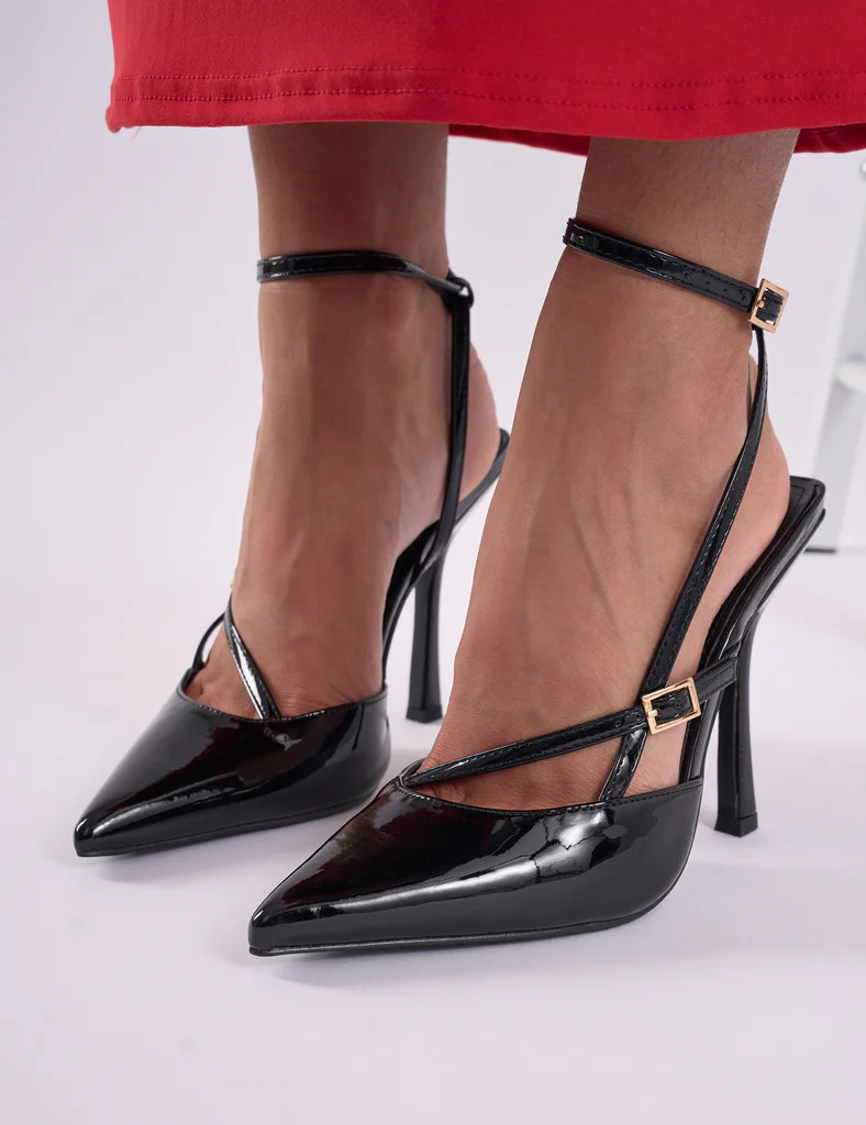 Idol Wide Fit Black Patent Buckle Strappy Detail Stiletto Court High Heels | Public Desire
