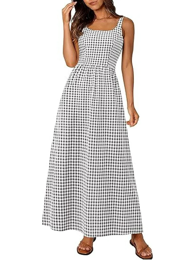 PRETTYGARDEN Women's Summer Spaghetti Strap Maxi Dresses Plaid Square Neck A Line Casual Beach Va... | Walmart (US)