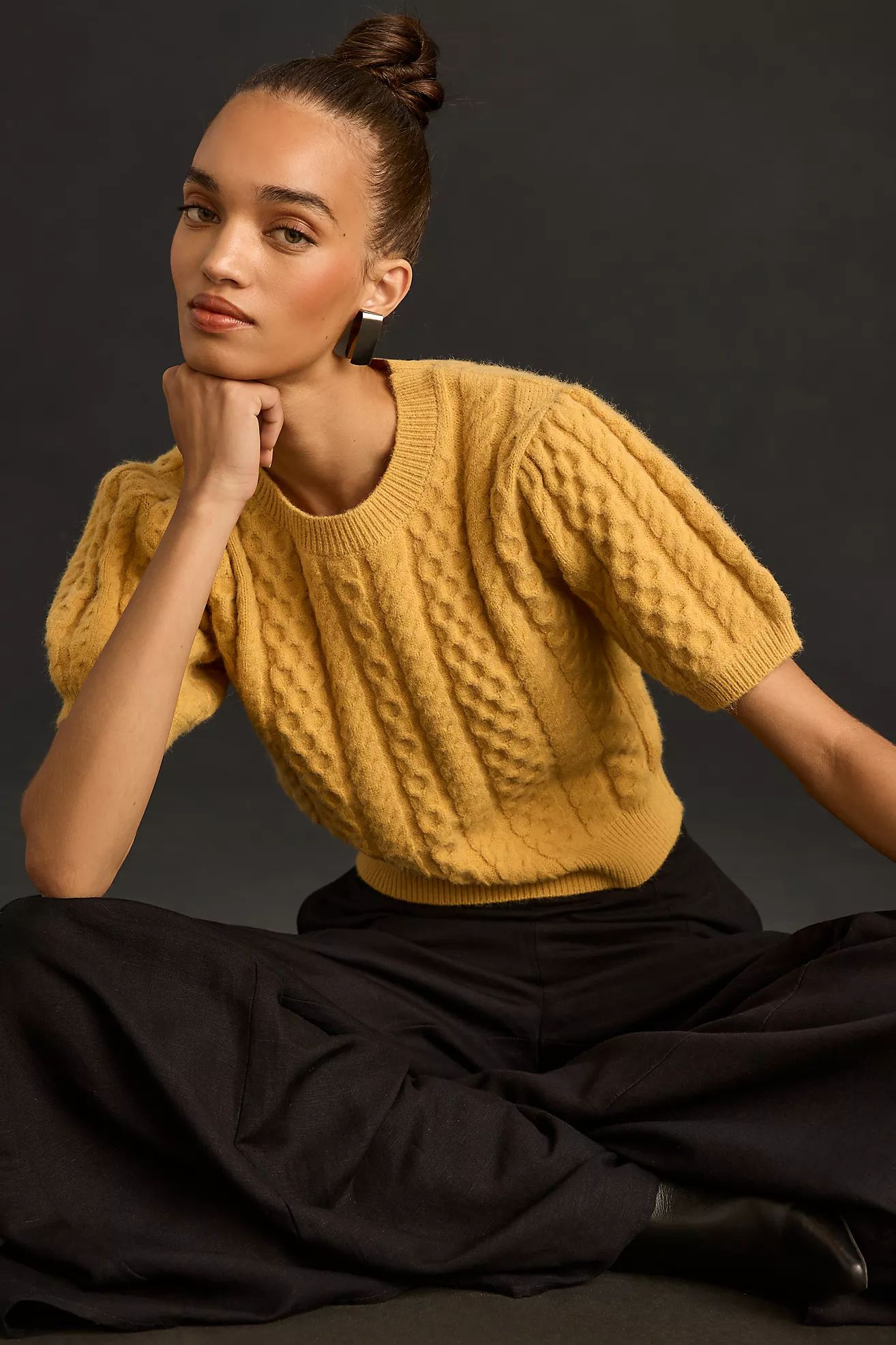 MABLE Cropped Cable Puff Short-Sleeve Sweater | Anthropologie (US)