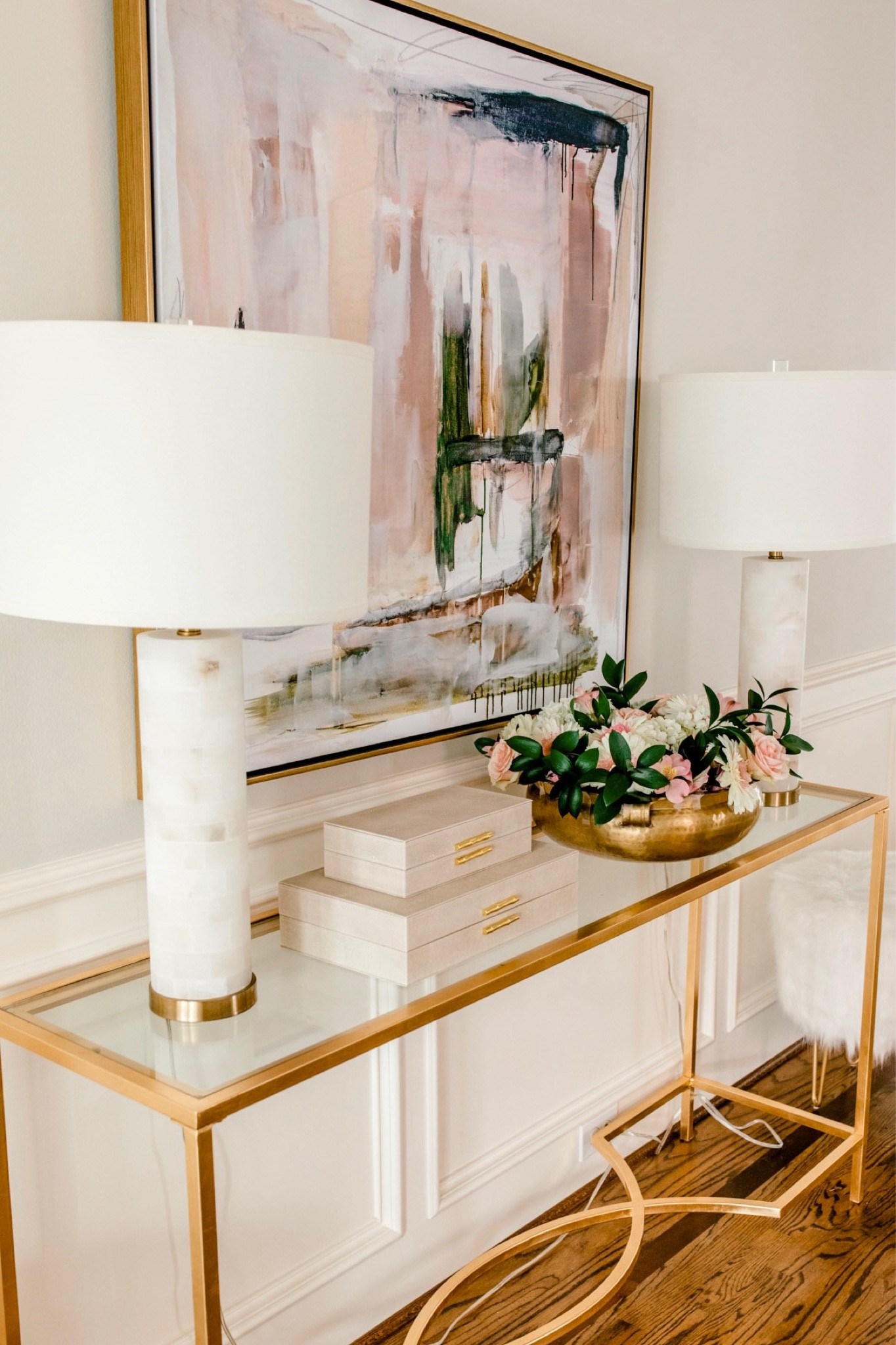Entryway console styling with Marble and Alabaster lamp in Stow leather stackable boxes with gold hammered metal bowl

DM me on Instagram for linked to this art 

#LTKhome #LTKunder50 #LTKunder100