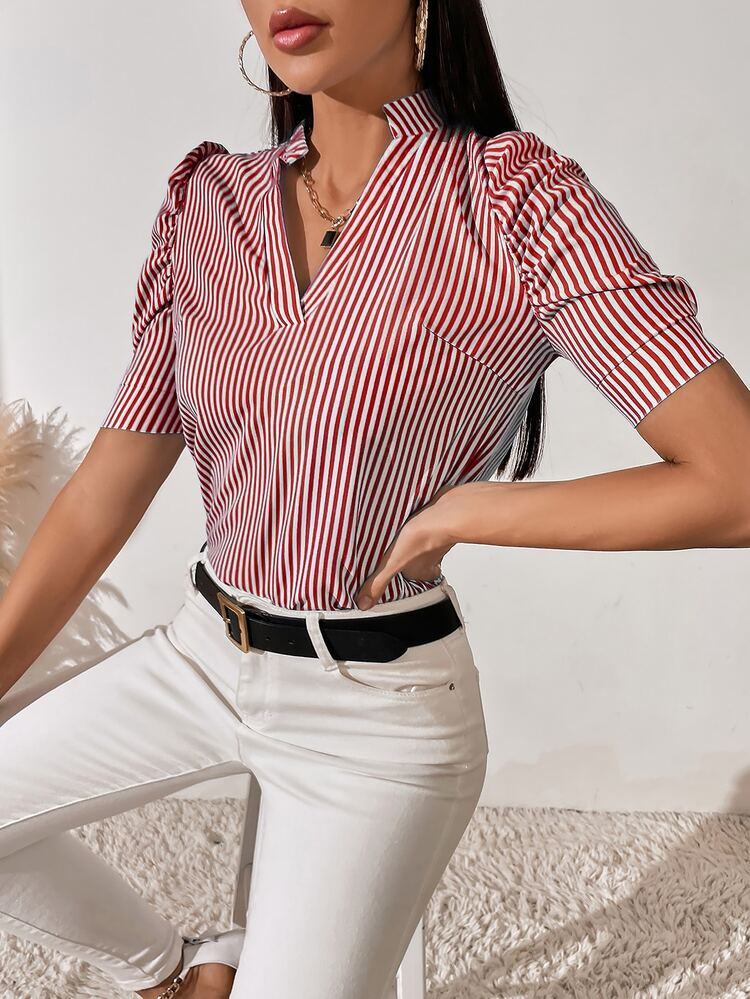 Notch Neck Puff Sleeve Striped Top | SHEIN