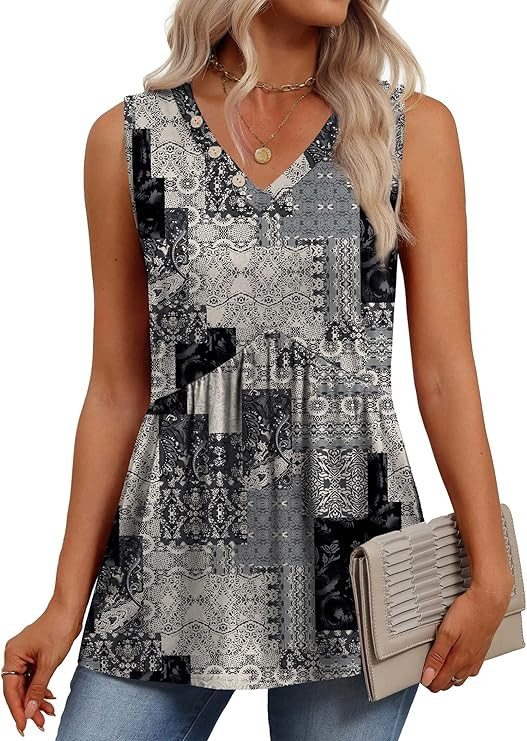 OFEEFAN Womens Tank Tops 2026 Boho Fashion Clothing Flowy Peplum Top Button Down Sleeveless V Nec... | Amazon (US)