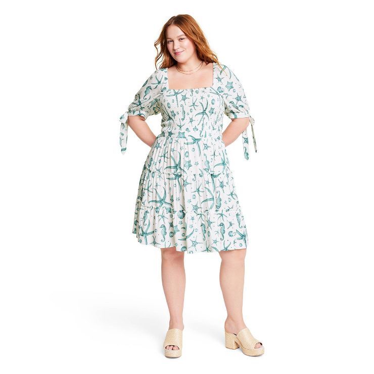 Women's Deep Sea Print Puff Sleeve Mini Dress - Agua Bendita x Target Cream/Blue | Target