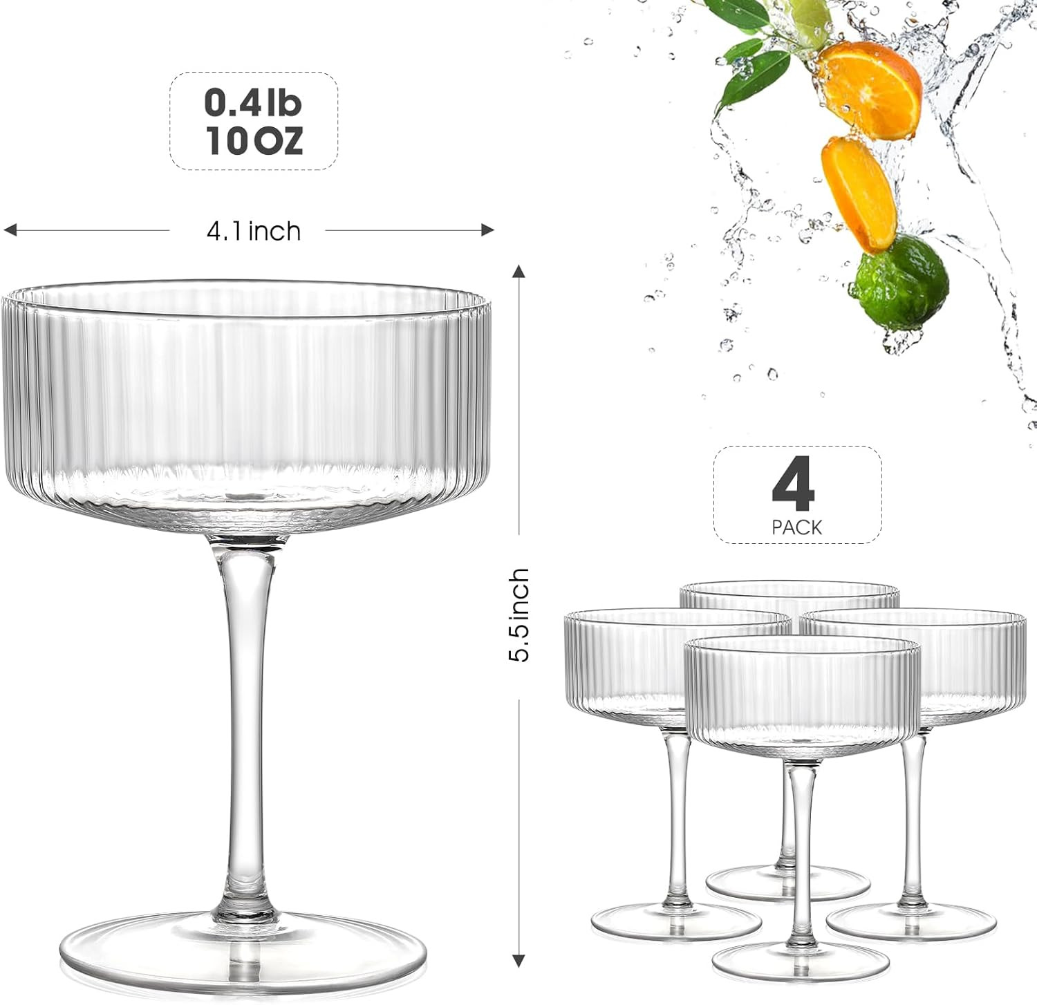 Coupe Glasses Set Of 4,Hand-blow10 Oz Vintage Cocktail Glasses,Ribbed Martini Glasses For Espress... | Amazon (US)