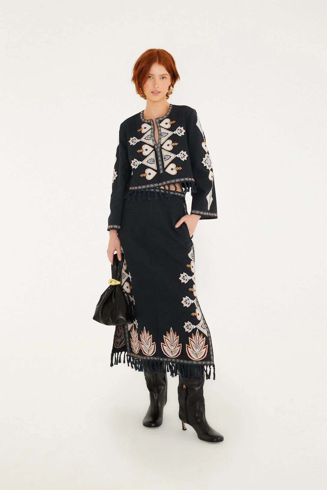 Embroidered Fringe Midi Skirt, BLACK / L | FarmRio (US)