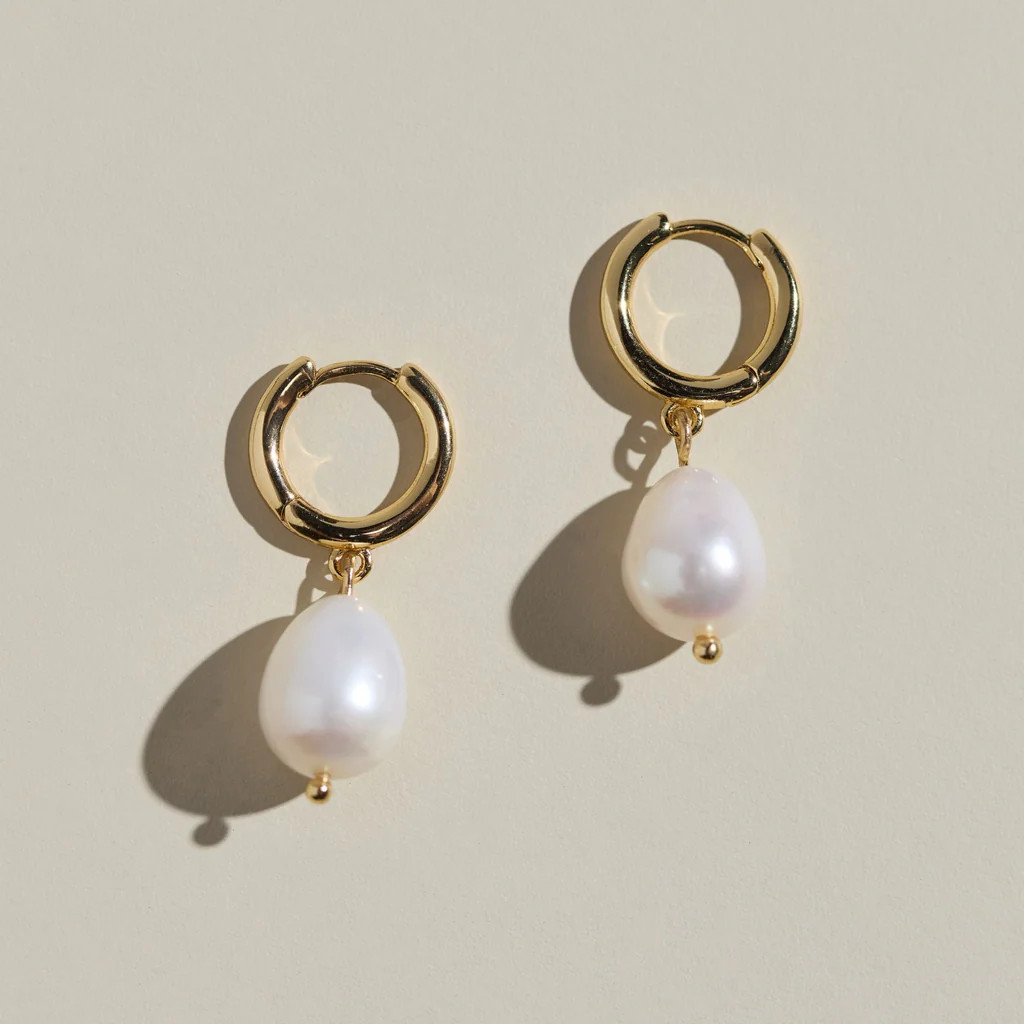 Gold Pearl Drop Huggies | Nickel and Suede