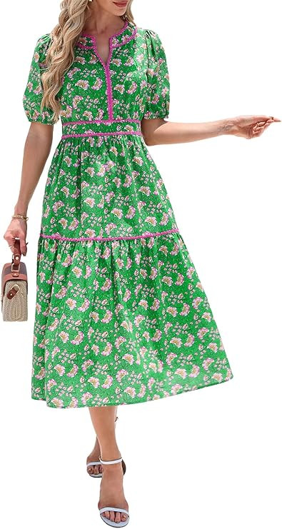 Kedera Womens Summer Boho Floral Midi Dress 2026 Casual Long Sleeve V Neck Flowy Beach Vacation L... | Amazon (US)