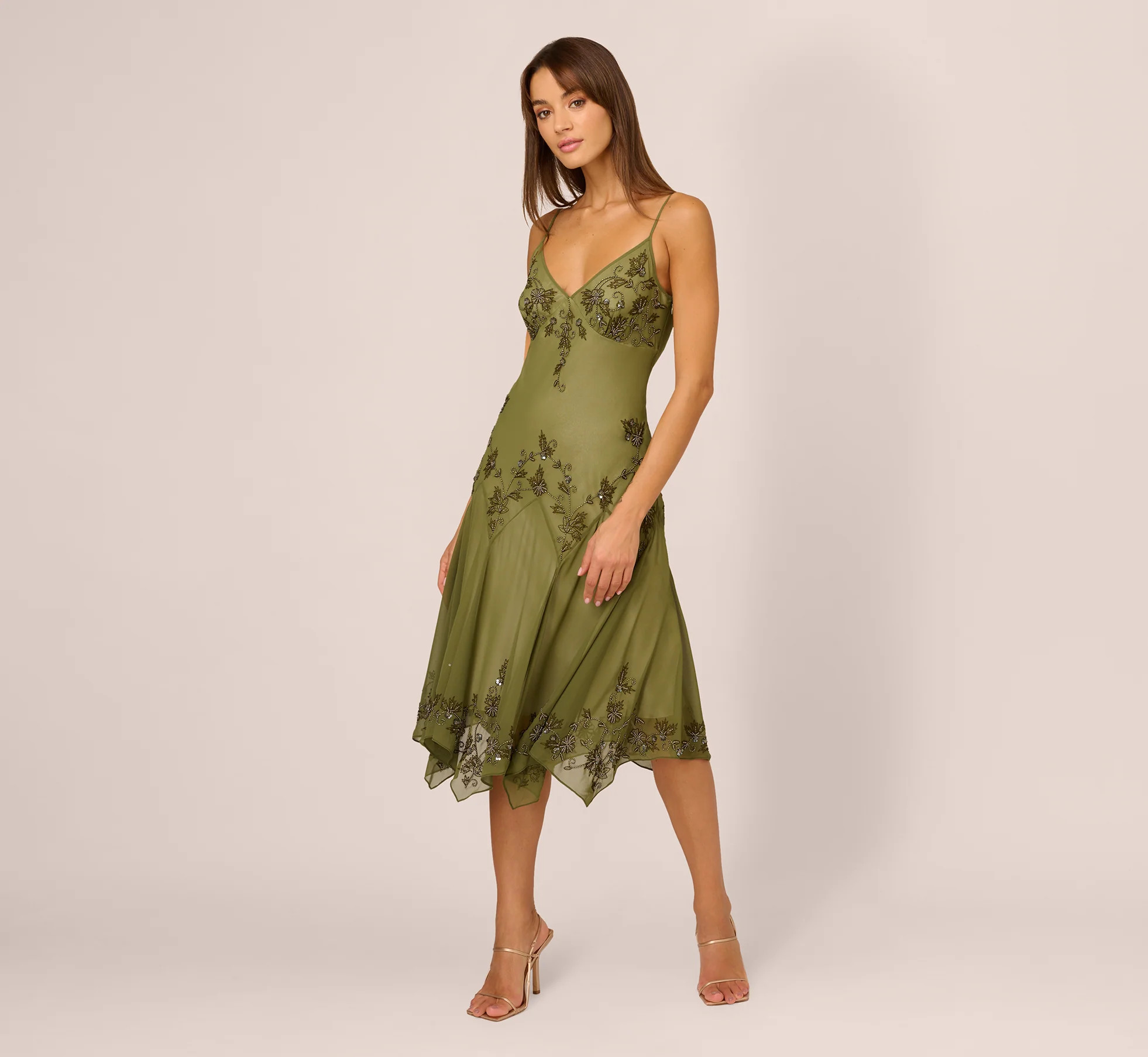 Vintage Beaded Midi Fairy Dress With Sharkbite Hem In Olive | Adrianna Papell